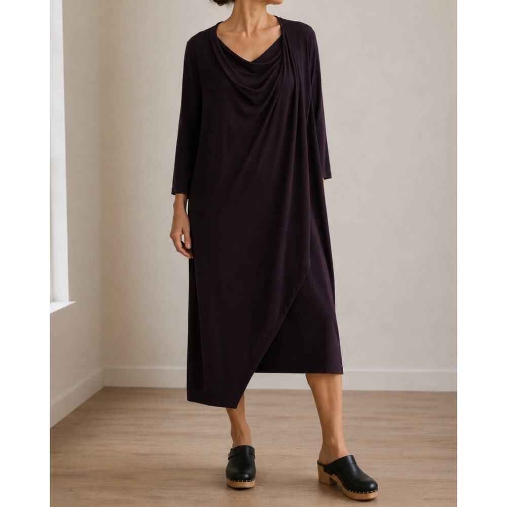 Sympli Made in Canada Asymmetrical Draped Dress Lagenlook Plum Purple size 14
